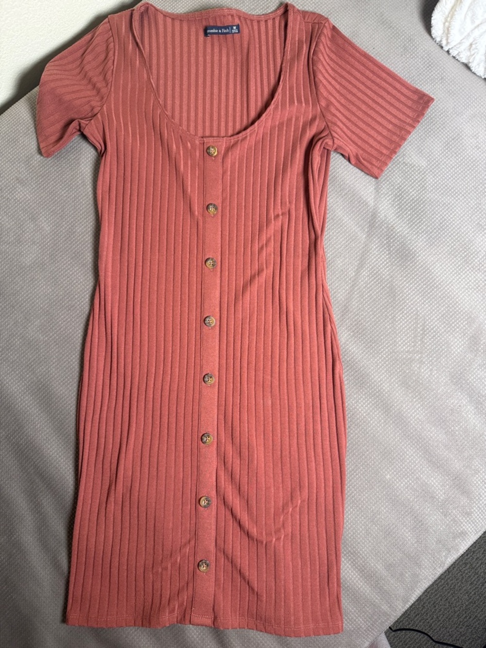 Abercrombie & Fitch Ribbed Coral Button-Front Mini Dress